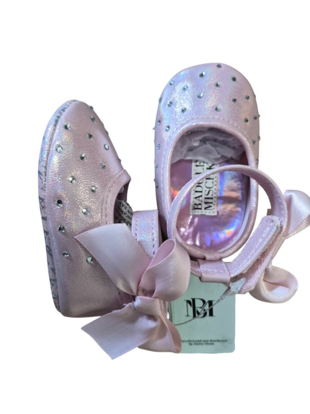 Badgley Mischka Girls Size 2 Pink Shimmer Ballet Flats Rhinestone Bow details NW
